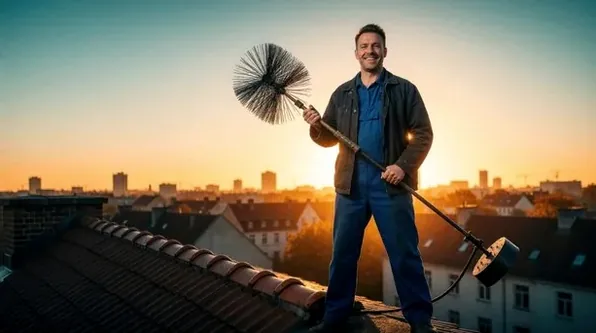 Masonry and chimney technician on a Freehold roof at dusk